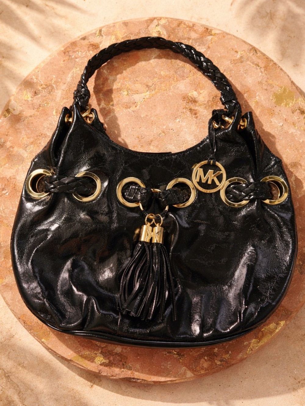 Michael Kors Black Leather Braided Handle Hobo Bag with Gold Hardware
